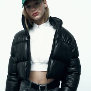 Zara Cropped Black Leather Puffer Jacket